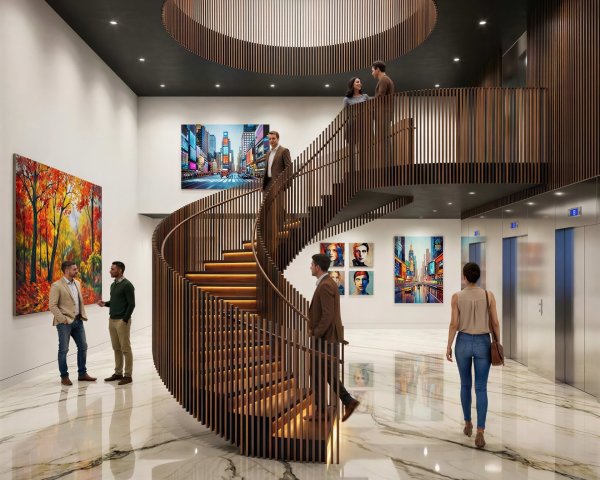Modern Luxurious Interior with Spiral Staircase and Artworks