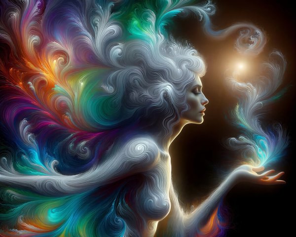 Goddess Figure with Colorful Hair and Light Body