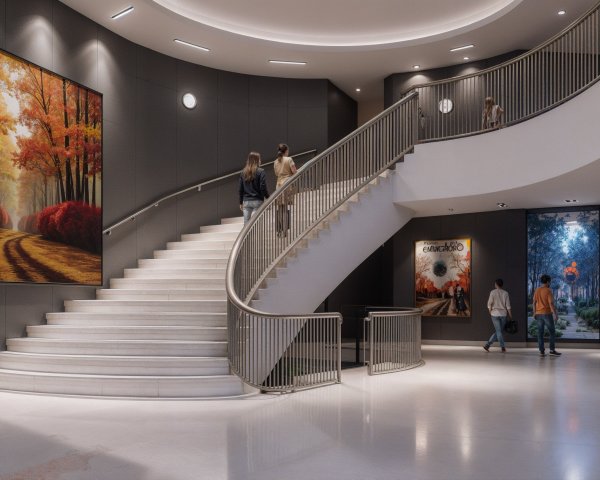 Modern Atrium with Spiral Staircase and Artworks