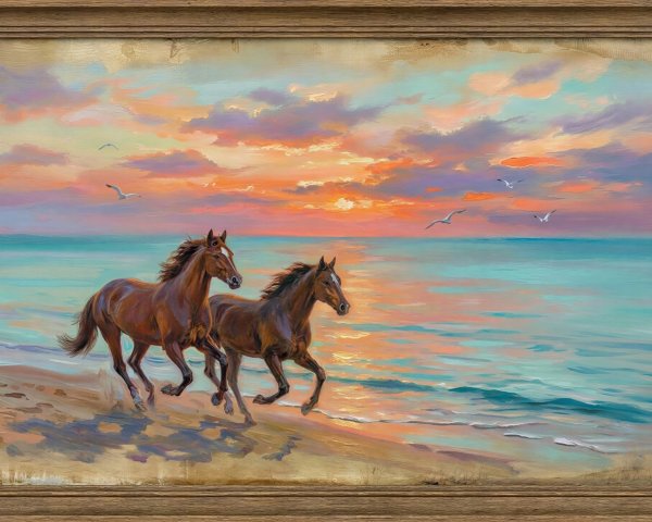 Landscape Oil Painting of Horses by Ocean Sunset