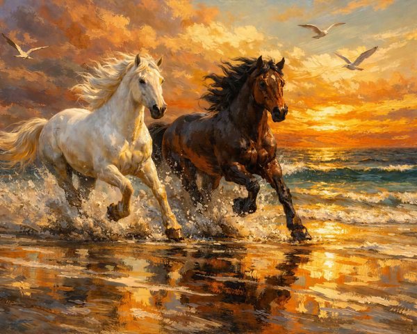 Horses Galloping Through Water at Sunset Beach