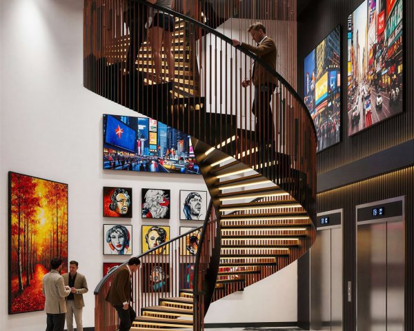 Modern Interior Staircase with Art and People