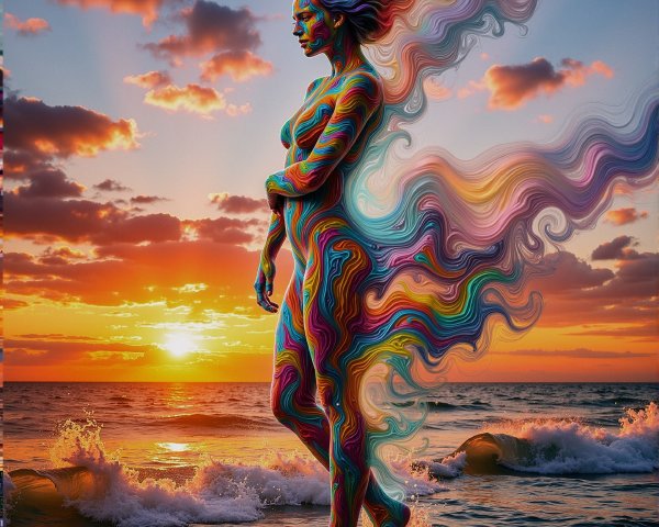 Abstract Woman with Rainbow Body Paint at Sunset Shore