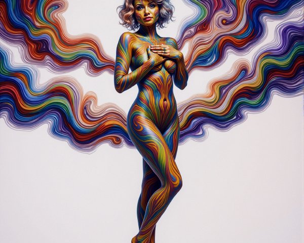 Young woman in colorful body paint against white background