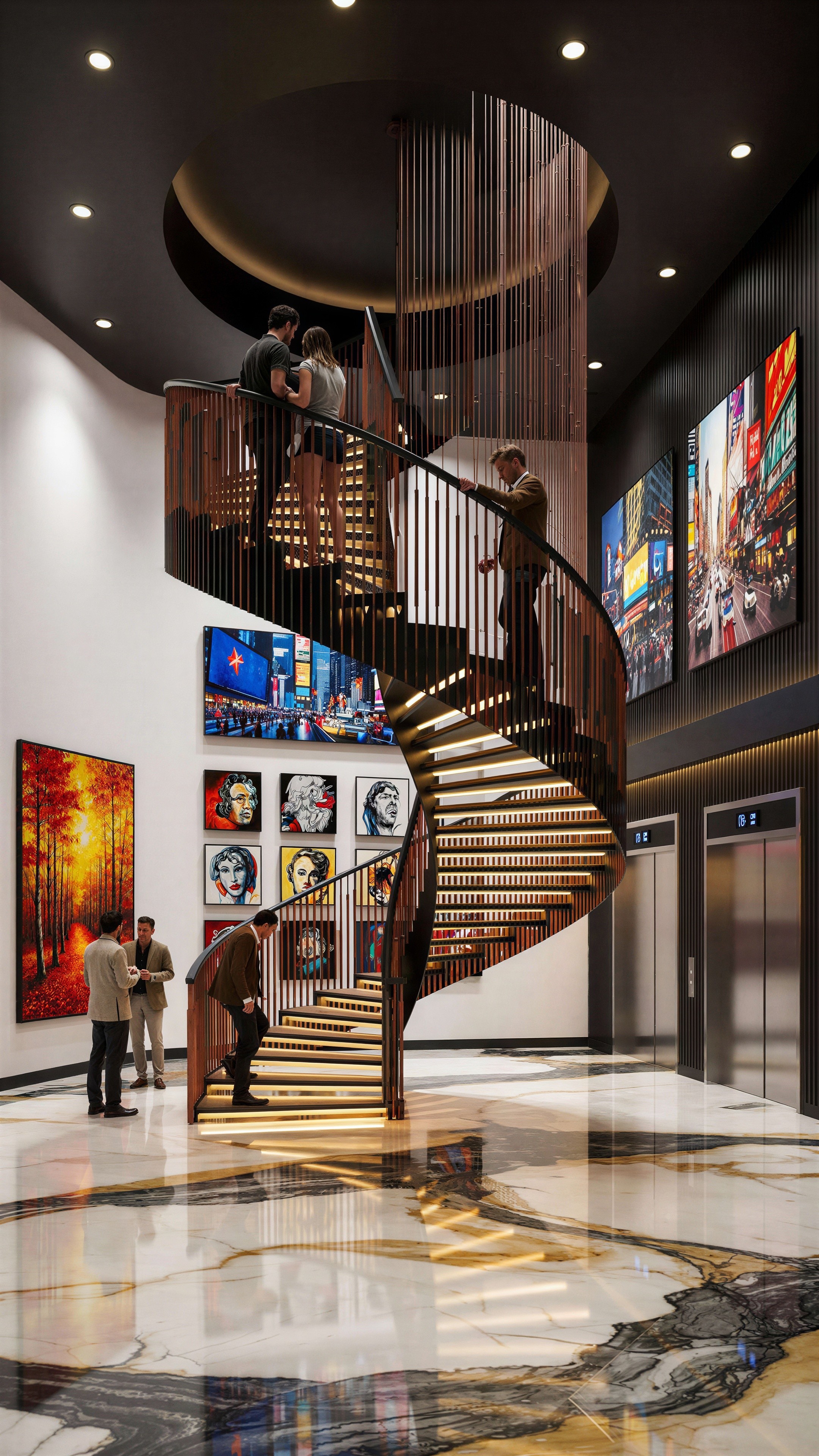 Modern Interior Staircase with Art and People