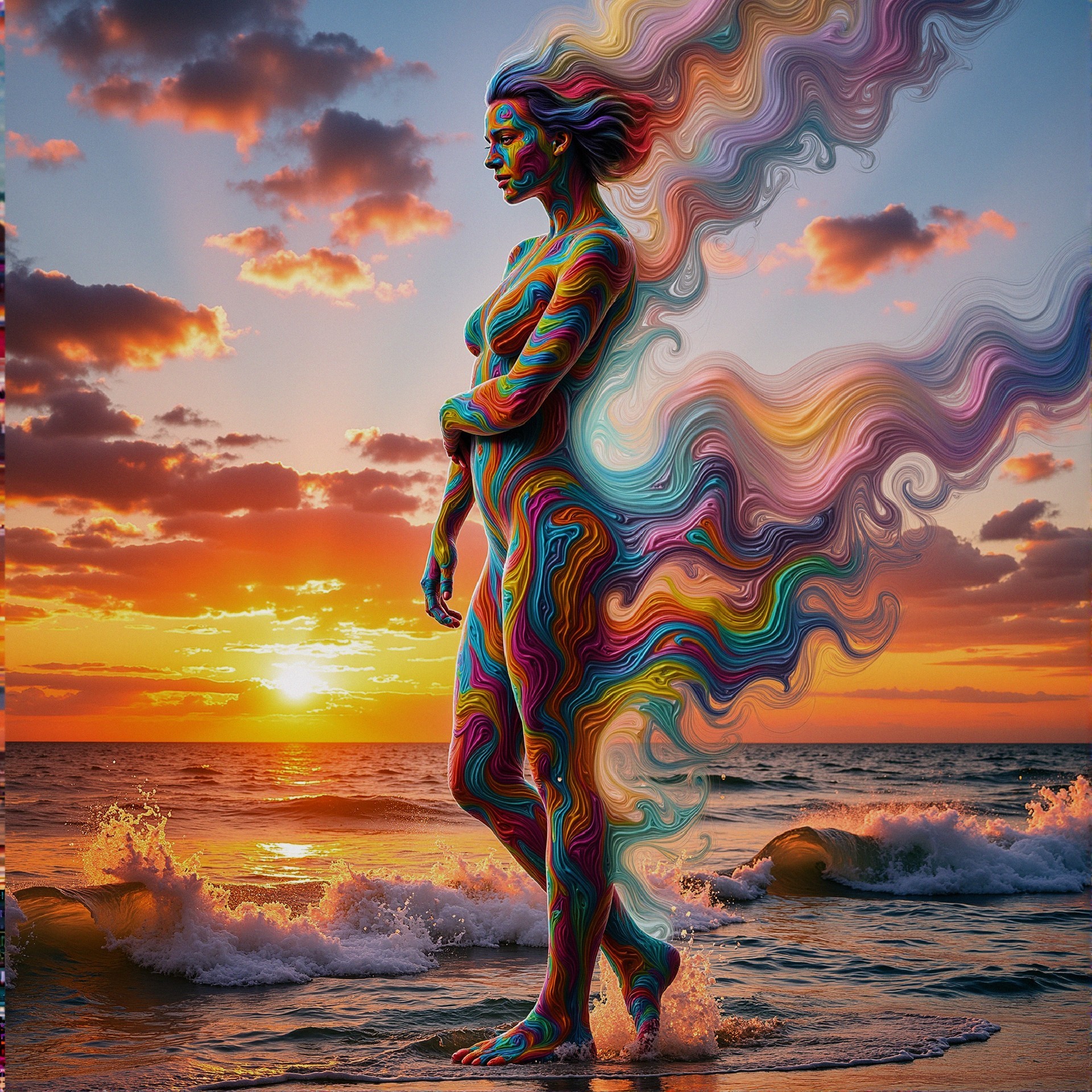 Abstract Woman with Rainbow Body Paint at Sunset Shore