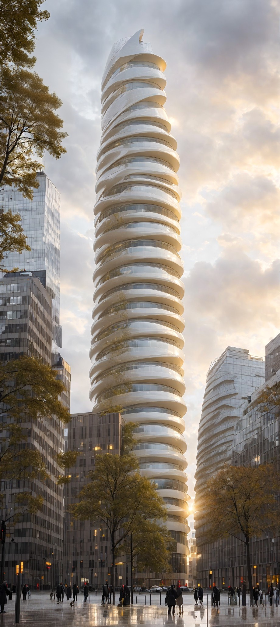 Modern Skyscraper with Elegant Spiral Design and Trees