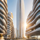 Futuristic Skyscraper Amidst Curved Modern Buildings