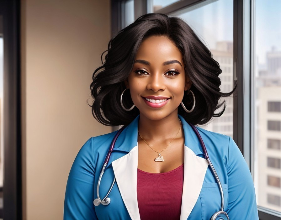 Professional Woman in Medical Coat by City Window