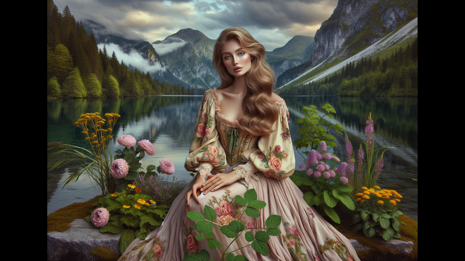 Young Woman in Embroidered Gown by Tranquil Lake