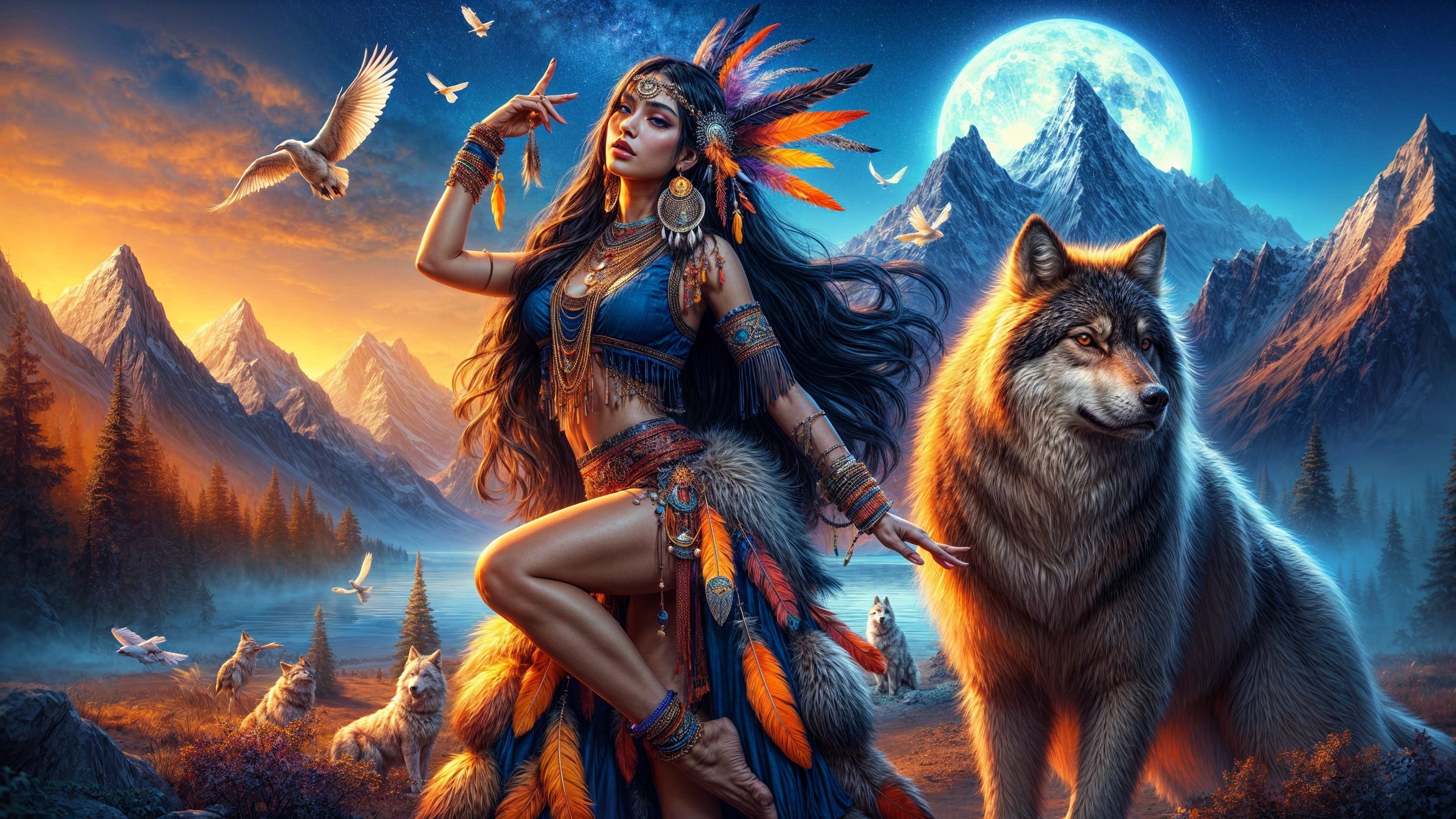 Tribal Dance Under Moonlit Mountains with Wolves