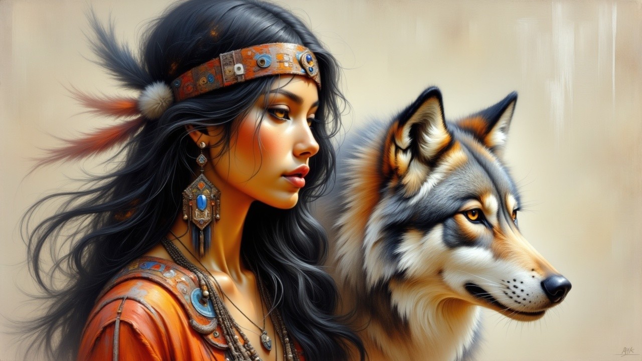 Woman with Long Hair and Wolf in Nature Setting
