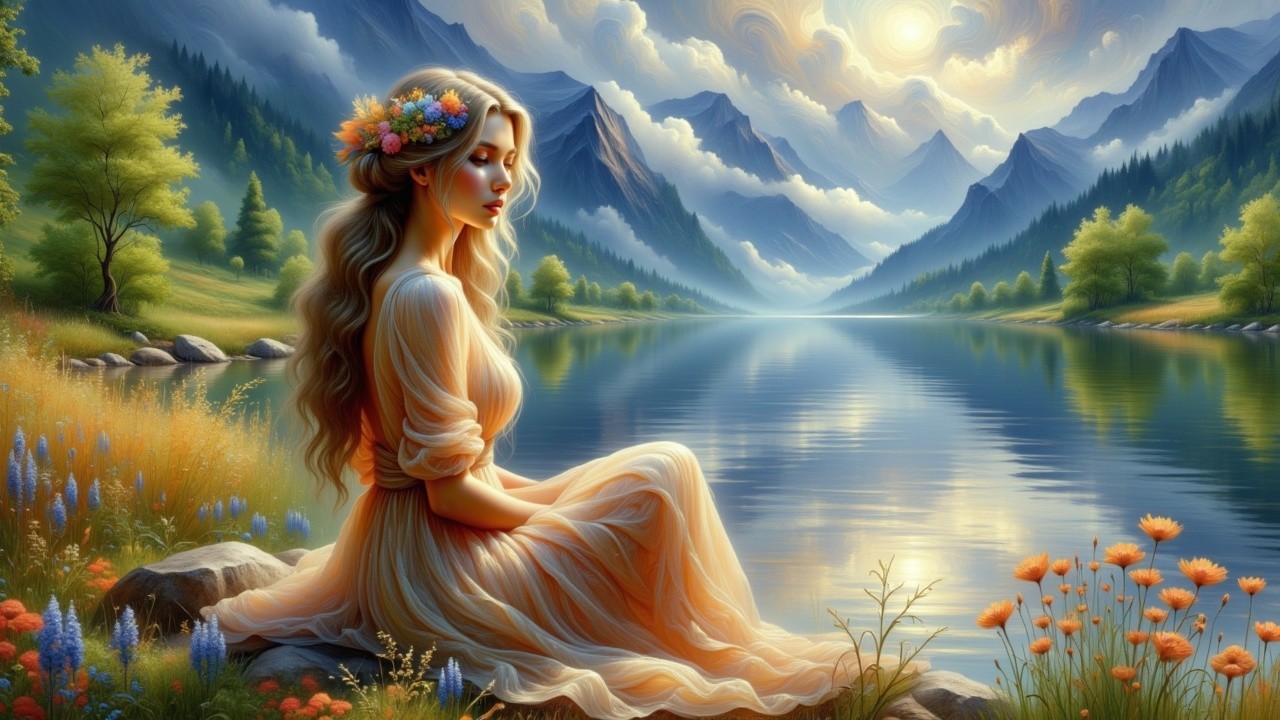 Young Woman by Tranquil Lake at Sunset with Mountains