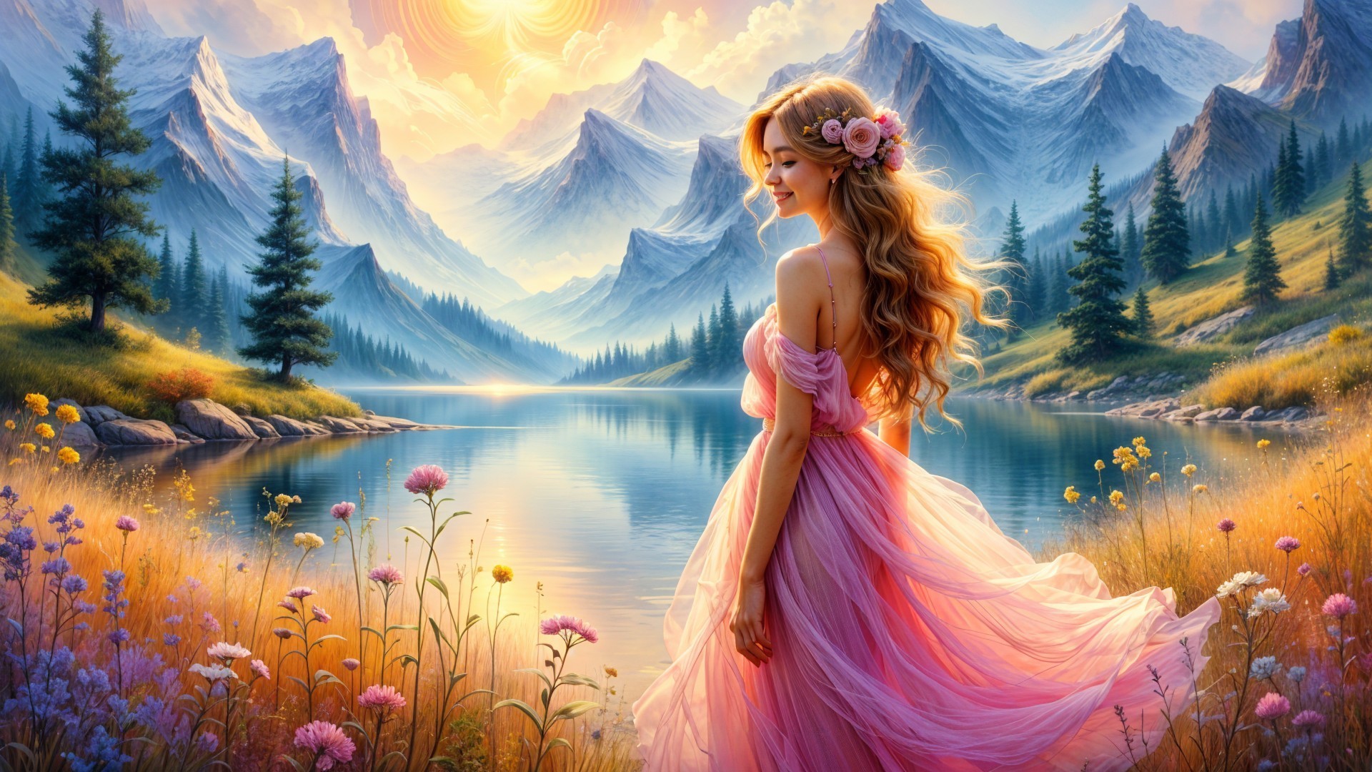 Serene Dawn Lakeside Scene with Woman in Pink Gown
