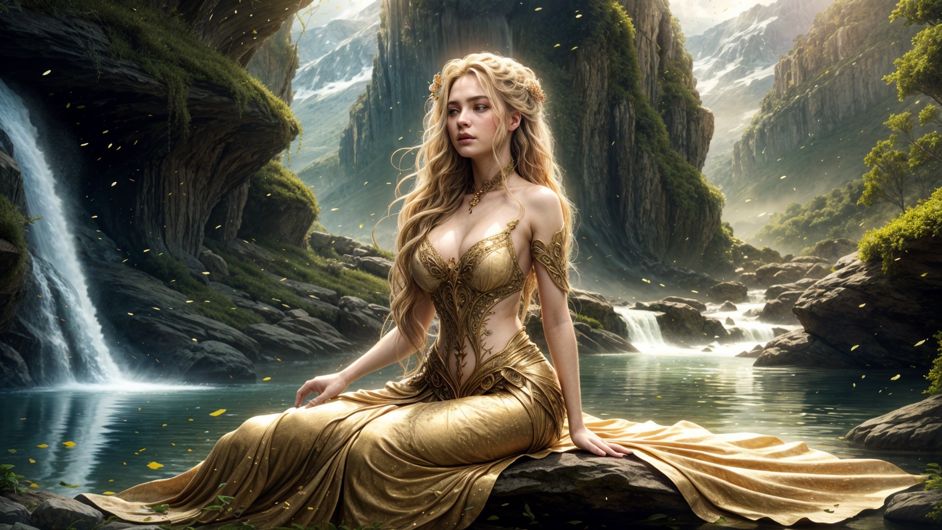 Majestic Figure by Serene Lake in Elegant Gown