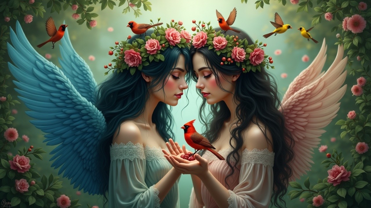 Ethereal Sisters with Cardinal in Enchanting Artwork