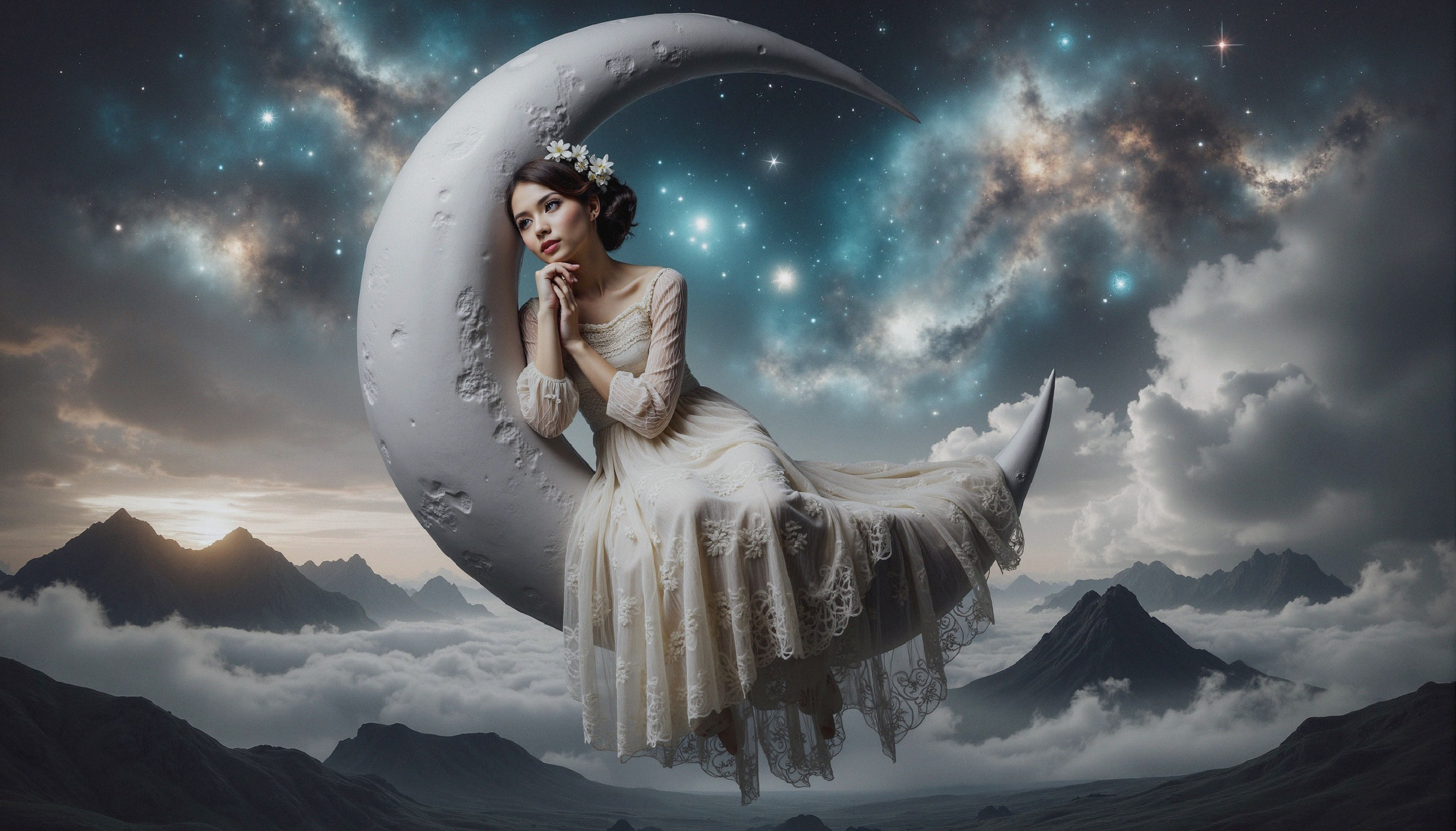 Serene figure on crescent moon in celestial sky