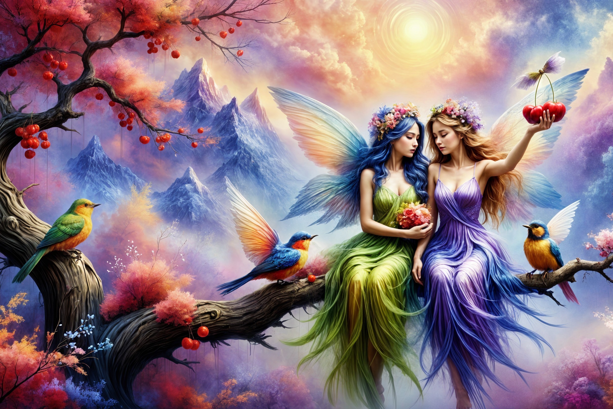 Fairies on a Tree Branch in a Colorful Landscape