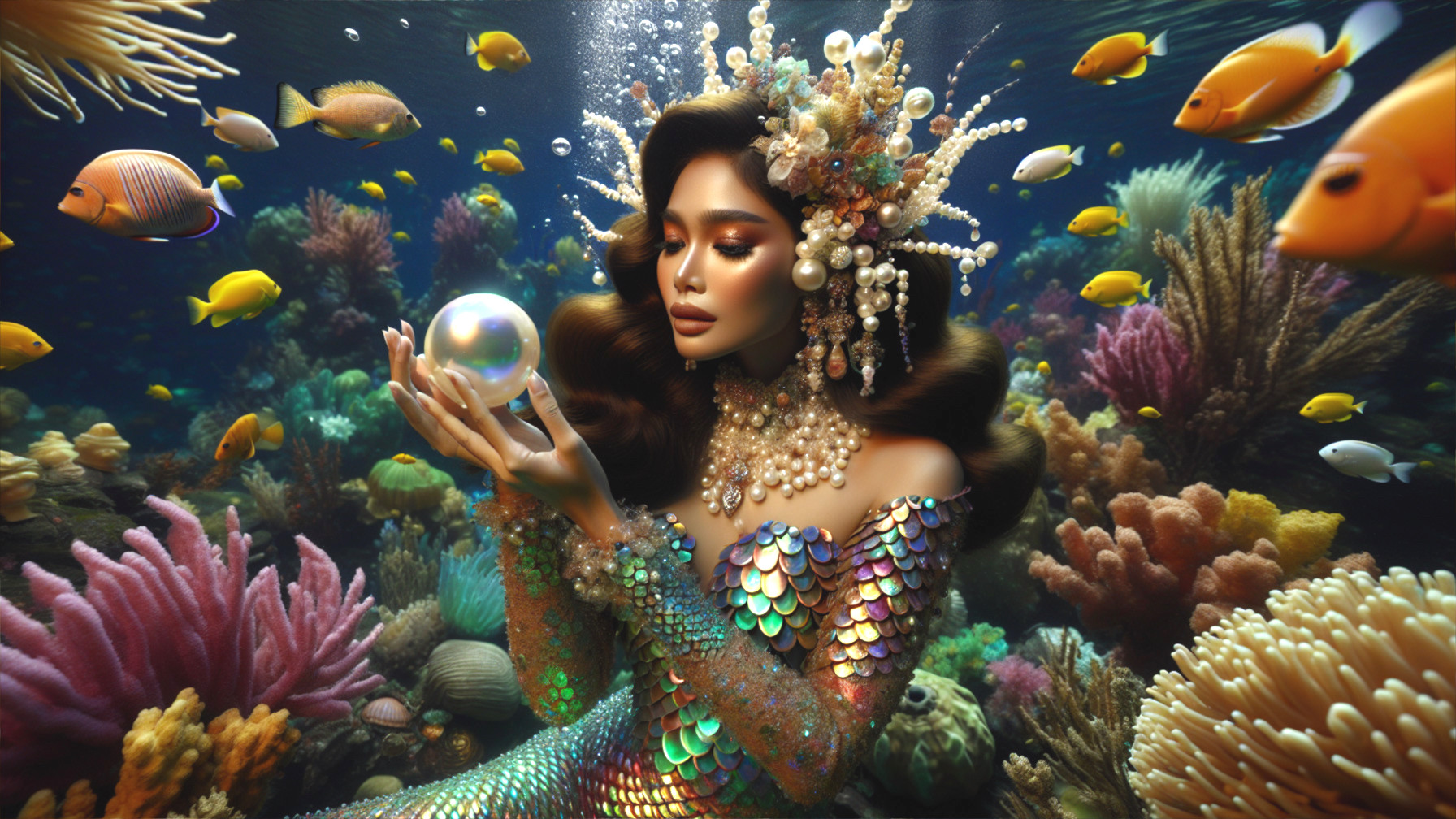 Underwater Scene with Woman, Pearl, and Coral Reefs