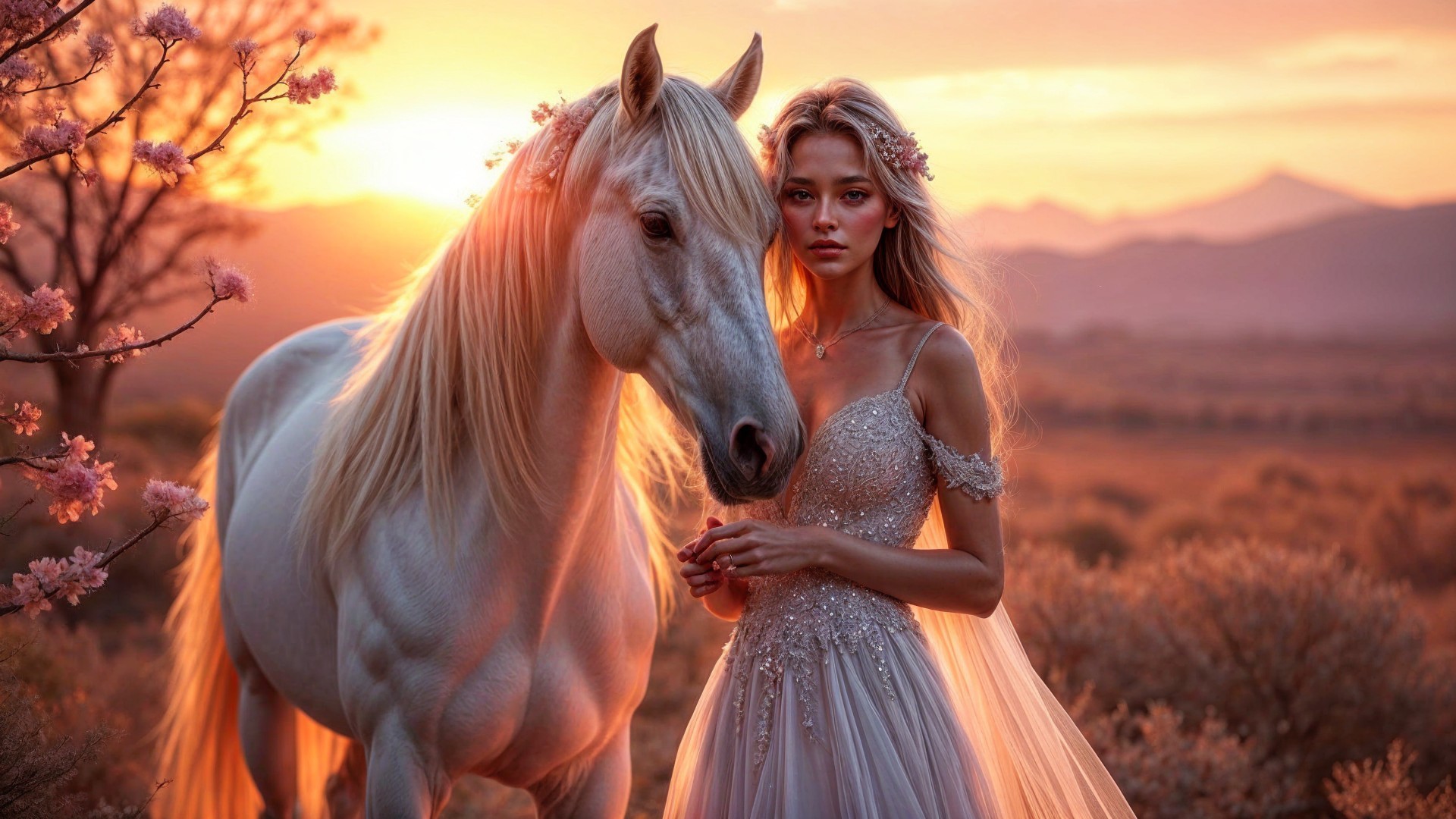 Sunset Scene with Woman and White Horse in Gown