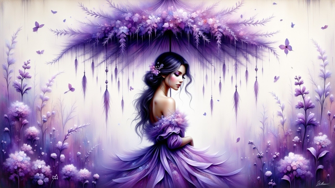 Lavender Gown in Dreamlike Garden with Butterflies