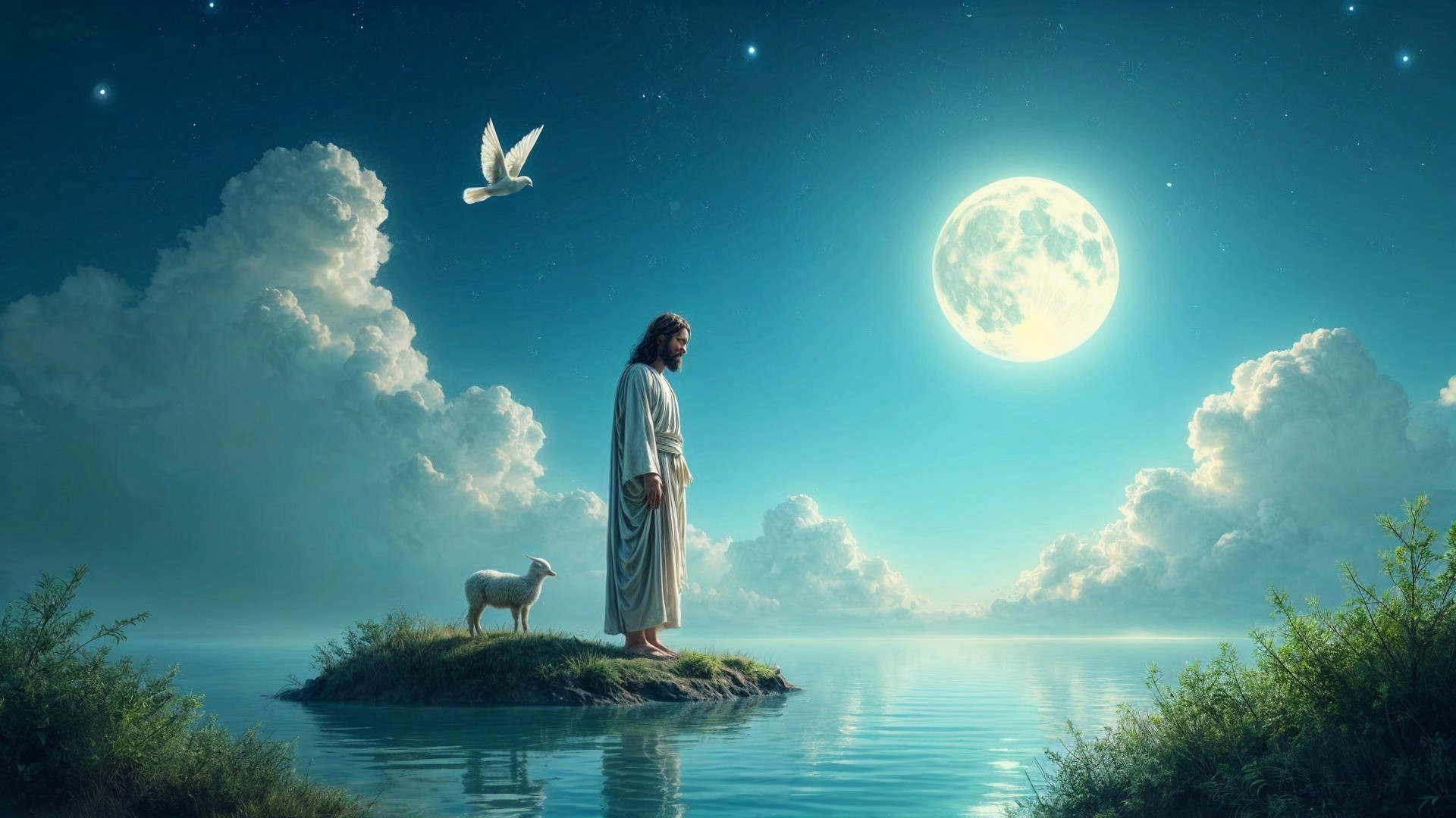Serene Island Scene with Figure, Sheep, and Moonlight