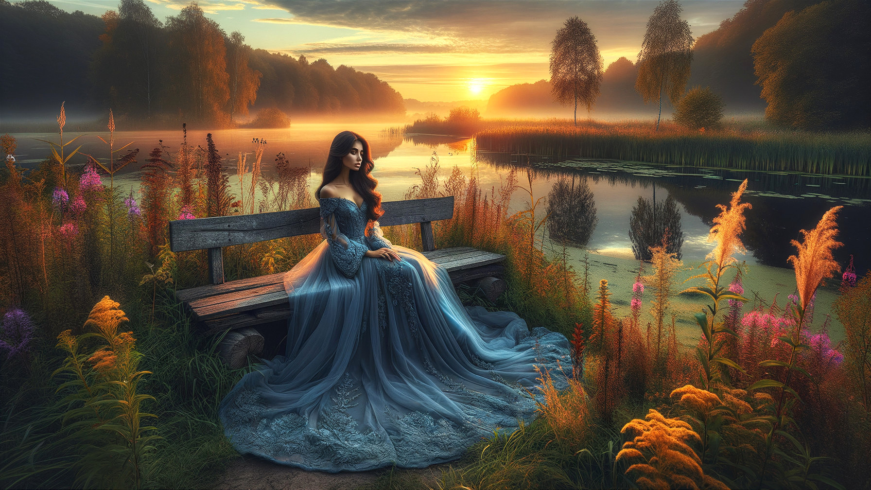 Serene Dawn Landscape with Young Woman in Blue Gown
