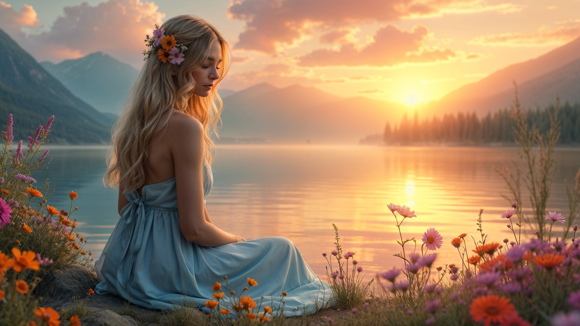 Serene Sunset Scene by a Tranquil Lake