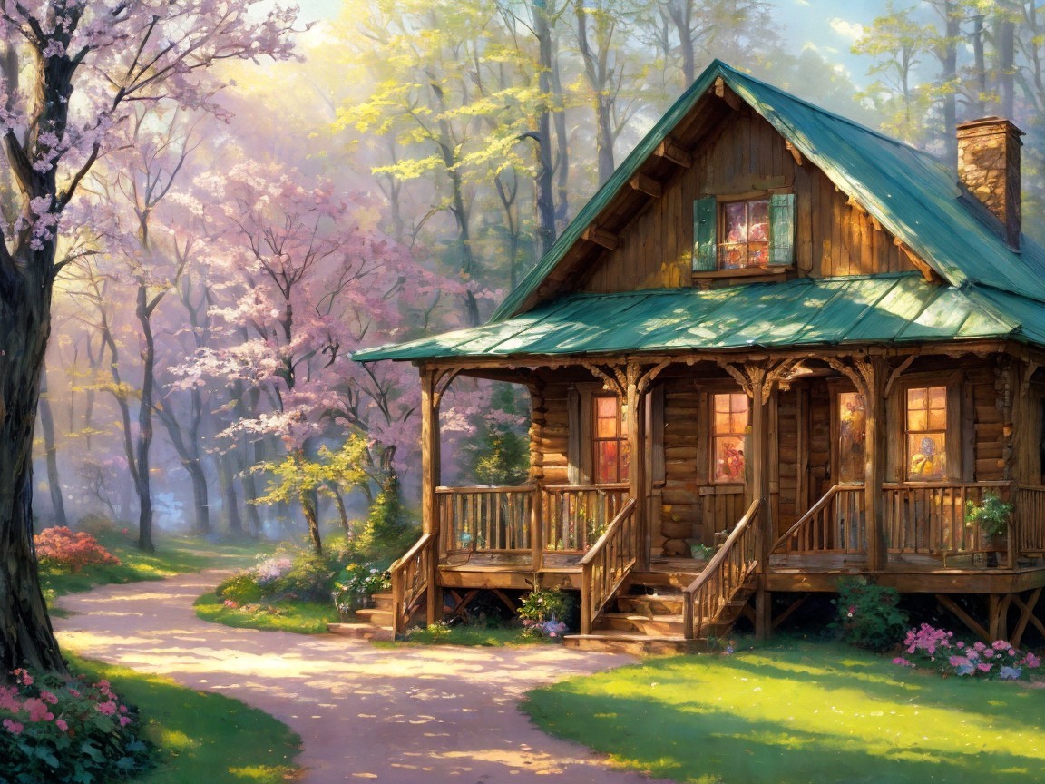 Charming Wooden Cabin Surrounded by Blossoming Trees