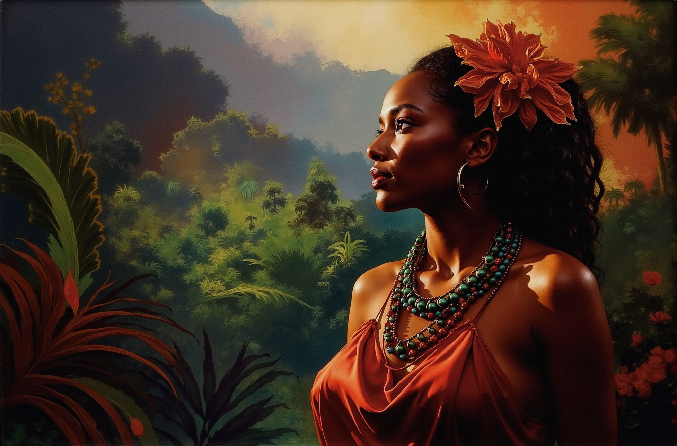 Young woman in orange dress among tropical foliage