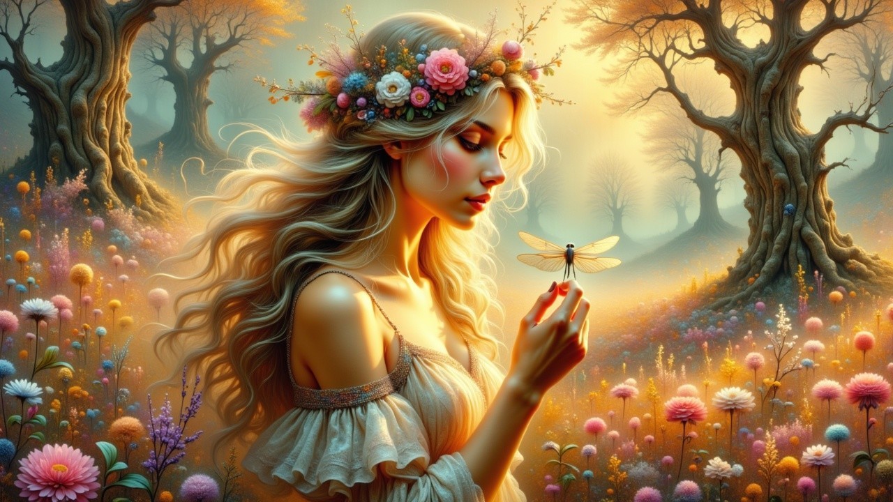 Young Woman in Floral Crown in Colorful Meadow