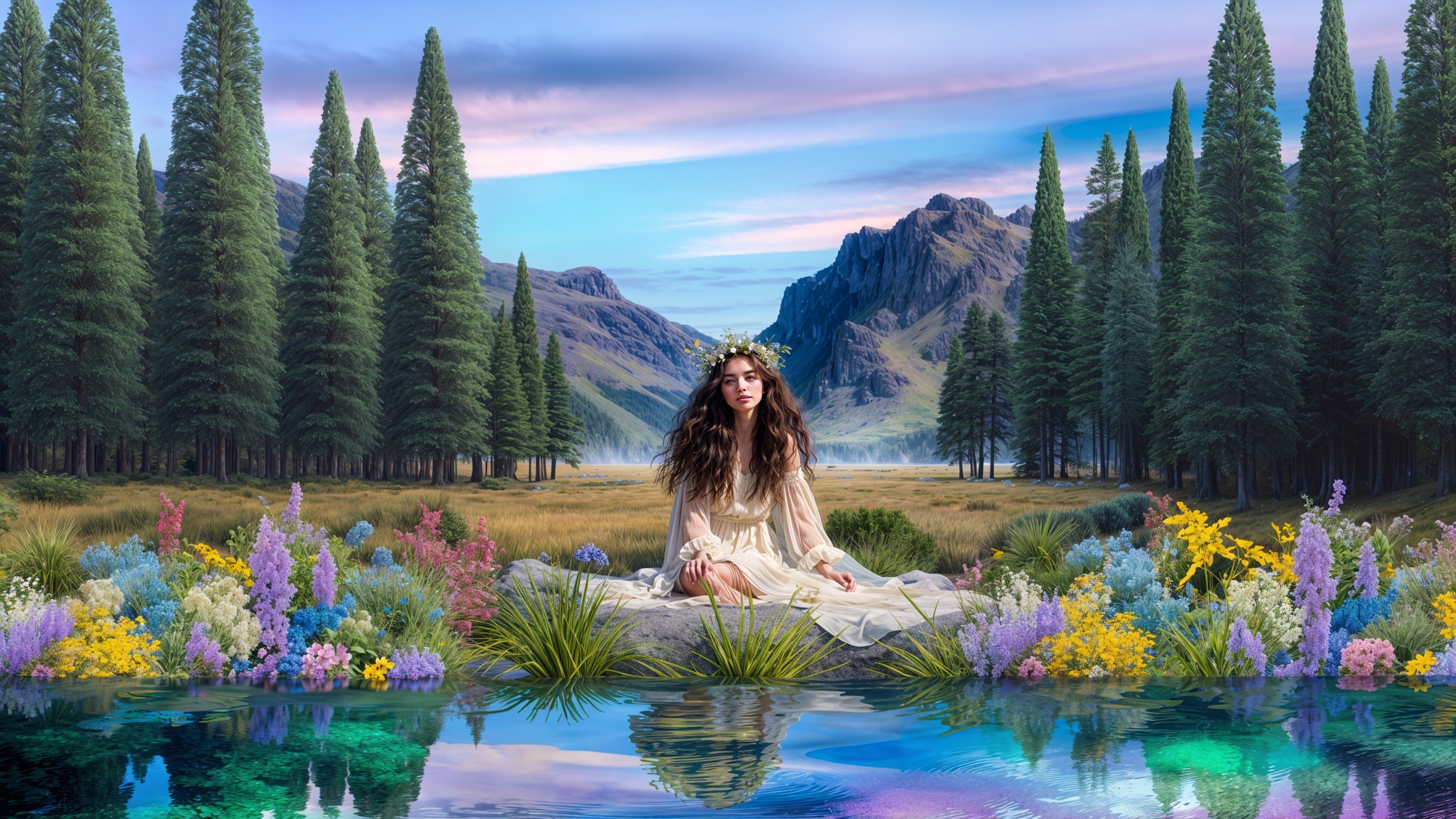 Young Woman in White Dress by Reflective Pond
