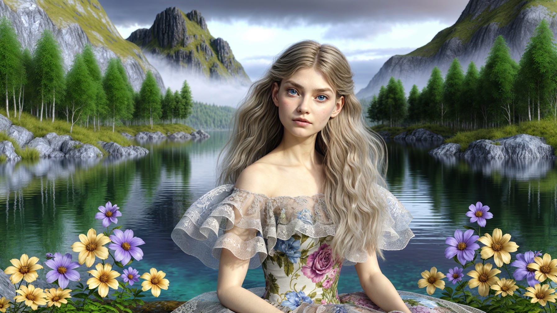 Serene lakeside scene with a young woman in nature