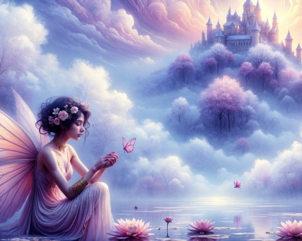 Fairy by Lake with Butterfly and Castle in Background