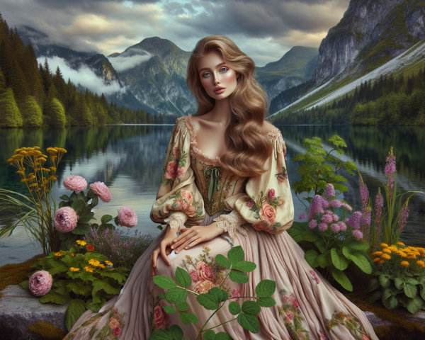 Young Woman in Embroidered Gown by Tranquil Lake