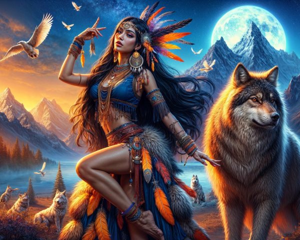 Tribal Dance Under Moonlit Mountains with Wolves