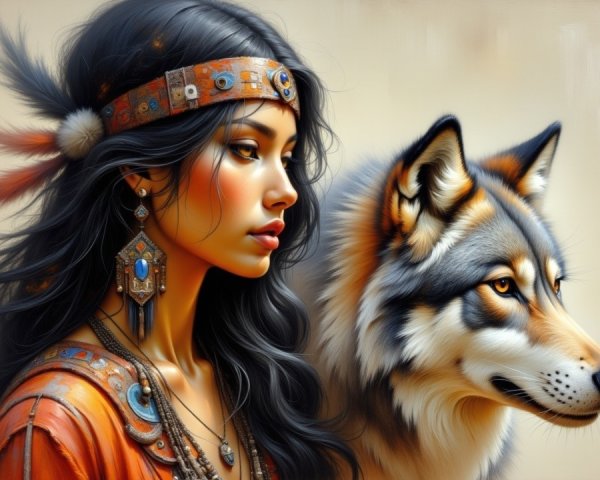 Woman with Long Hair and Wolf in Nature Setting
