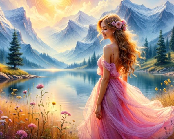 Serene Dawn Lakeside Scene with Woman in Pink Gown