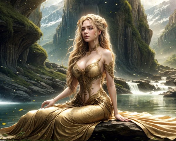 Majestic Figure by Serene Lake in Elegant Gown