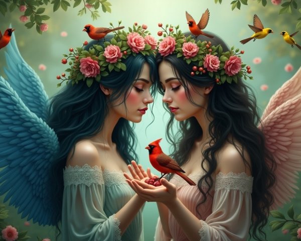 Ethereal Sisters with Cardinal in Enchanting Artwork