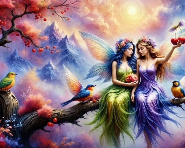 Fairies on a Tree Branch in a Colorful Landscape
