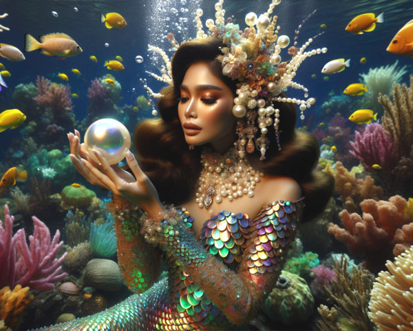 Underwater Scene with Woman, Pearl, and Coral Reefs