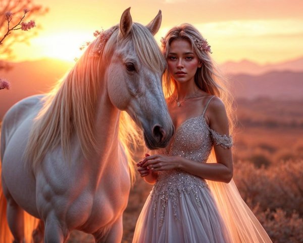 Sunset Scene with Woman and White Horse in Gown