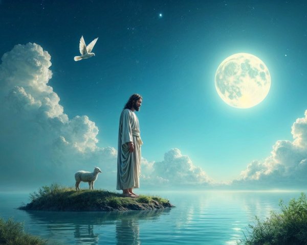 Serene Island Scene with Figure, Sheep, and Moonlight