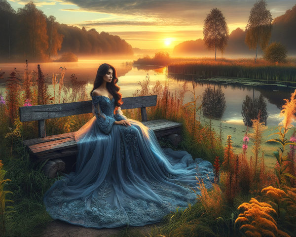 Serene Dawn Landscape with Young Woman in Blue Gown