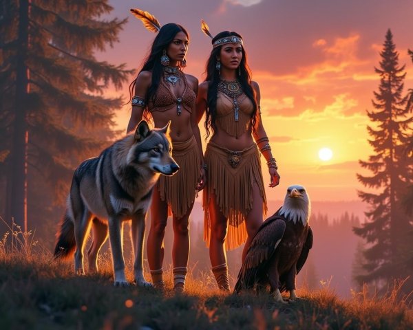 Indigenous Women in Traditional Attire in Forest at Sunset