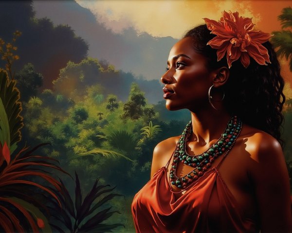 Young woman in orange dress among tropical foliage