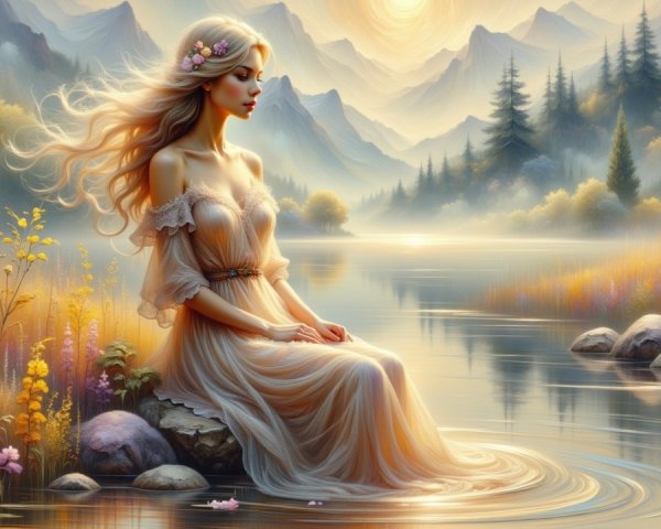 Young Woman by Calm Lake with Flowers and Mountains