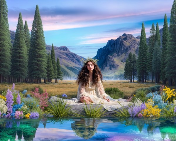Young Woman in White Dress by Reflective Pond