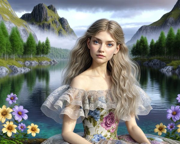 Serene lakeside scene with a young woman in nature